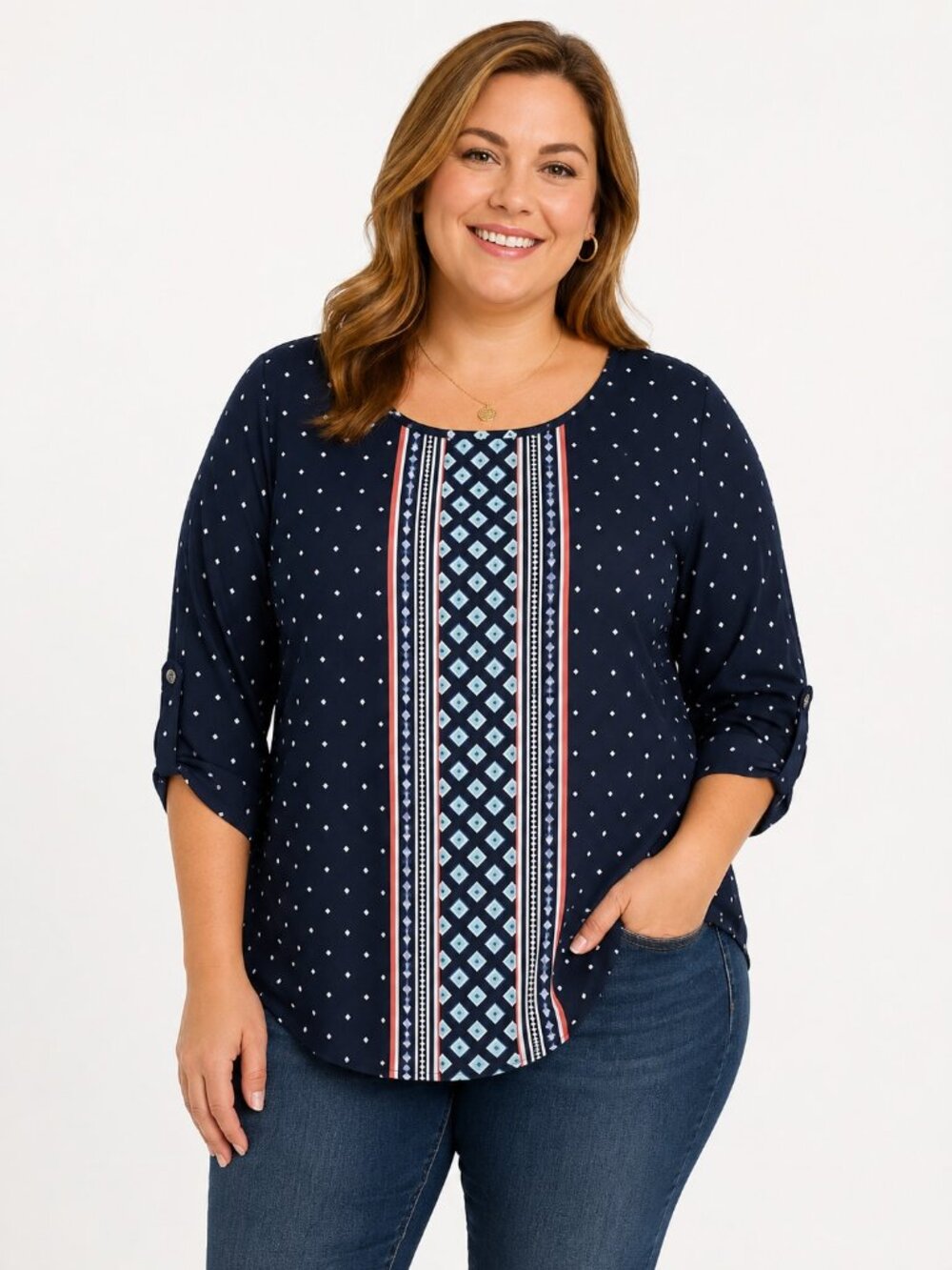 Croft & Barrow Blue Geometric Print 3 Quarter Roll Tab Sleeve Top Women 1X